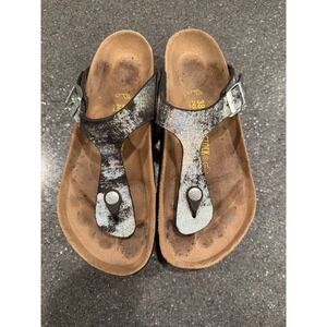 Birkenstock the Gizeh Toe Post Leather‎ Black Metallic Thong Sandal 38